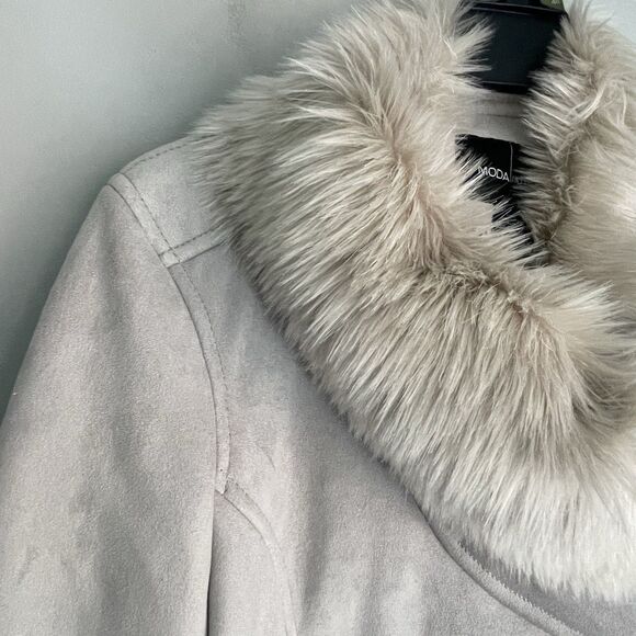 Moda International Faux Fur Suede Jacket  Size L Gray Polyester Stylish & Warm - Picture 9 of 14